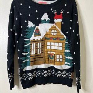 Tipsy Elves Black Ugly Christmas Sweater Log Cabin Santa Claus Size S Lights up